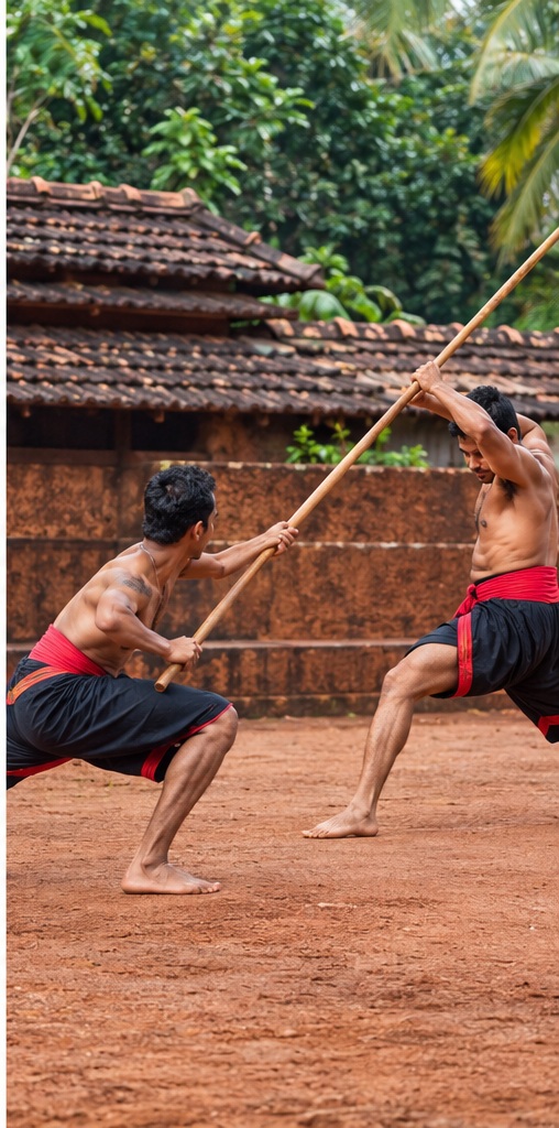Two martial artists practising with staffs in a Kerala courtyard