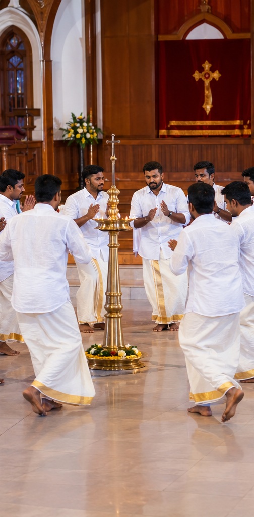 Men in traditional white attire dancing around a brass lamp