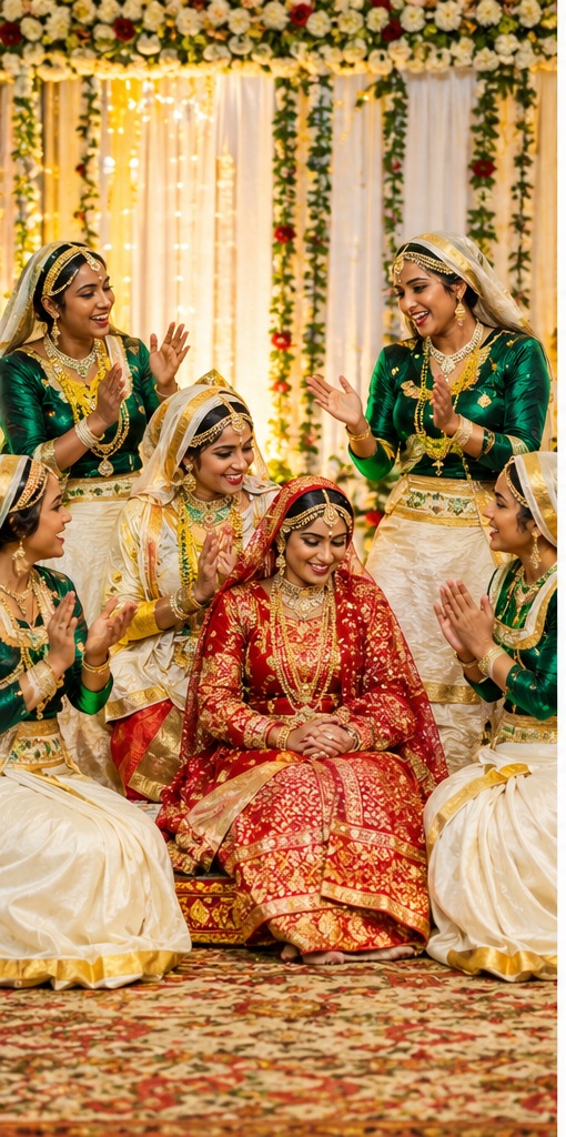 Women gathered in traditional dress for a celebratory Oppana performance