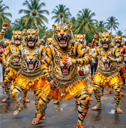 Pulikali performers painted as tigers dancing in a group