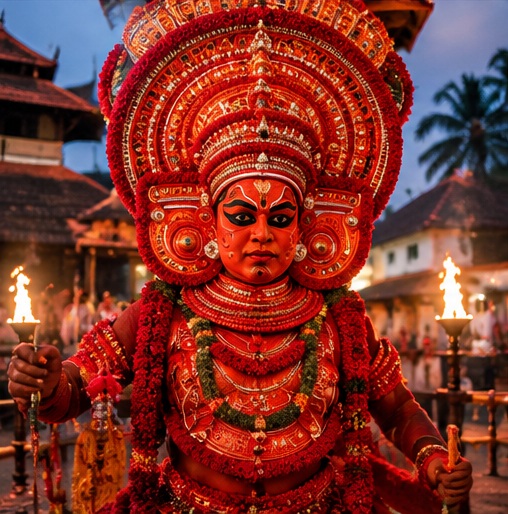 Theyyam ritual artist with a towering red headdress